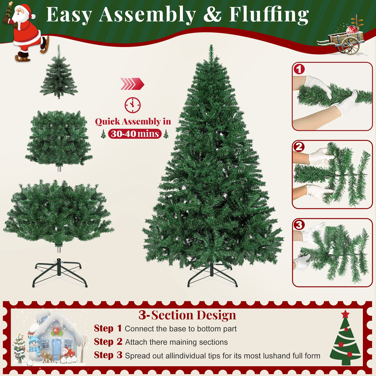 Aufeile 6ft Christmas Tree, Artificial Spruce Xmas Tree, 800 Branch Tips, Metal Stand, Outdoor Indoor Holiday Decor