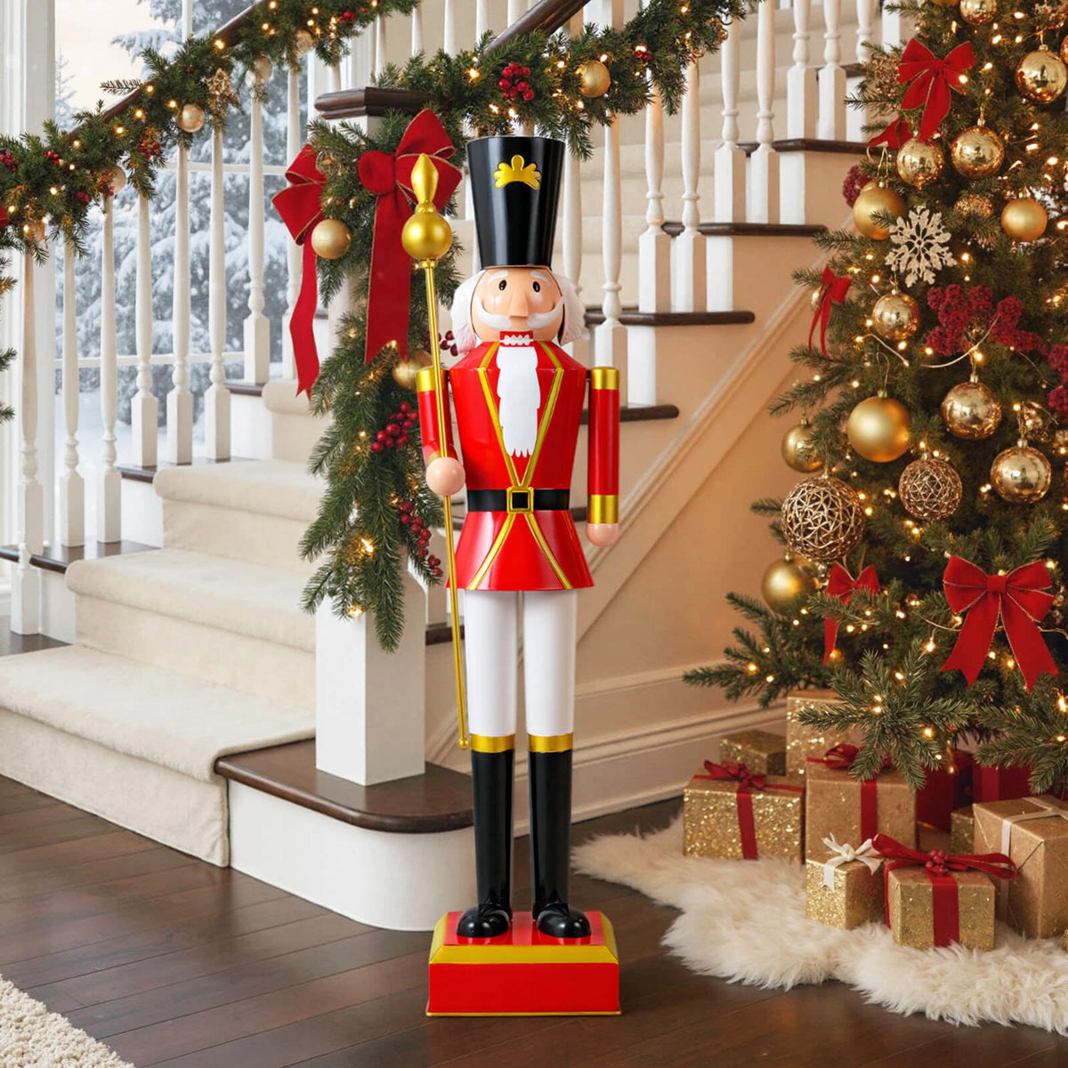 Costway 4’ Christmas Nutcracker with High Hat & Beautiful Scepter, Uniform & Boots for Yard Black+Red