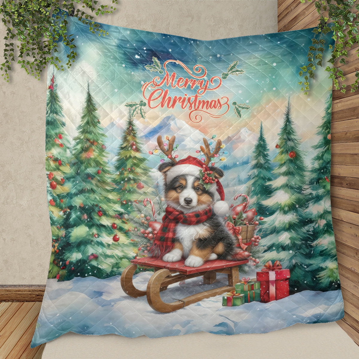 Merry Christmas Santa Reindeer Antlers French Bulldog Sleigh Xmas Winter Holiday Quilt Bedding Set Dog Lover Gifts 1 Blanket Bed Cover 2 Pillowcases - 00023