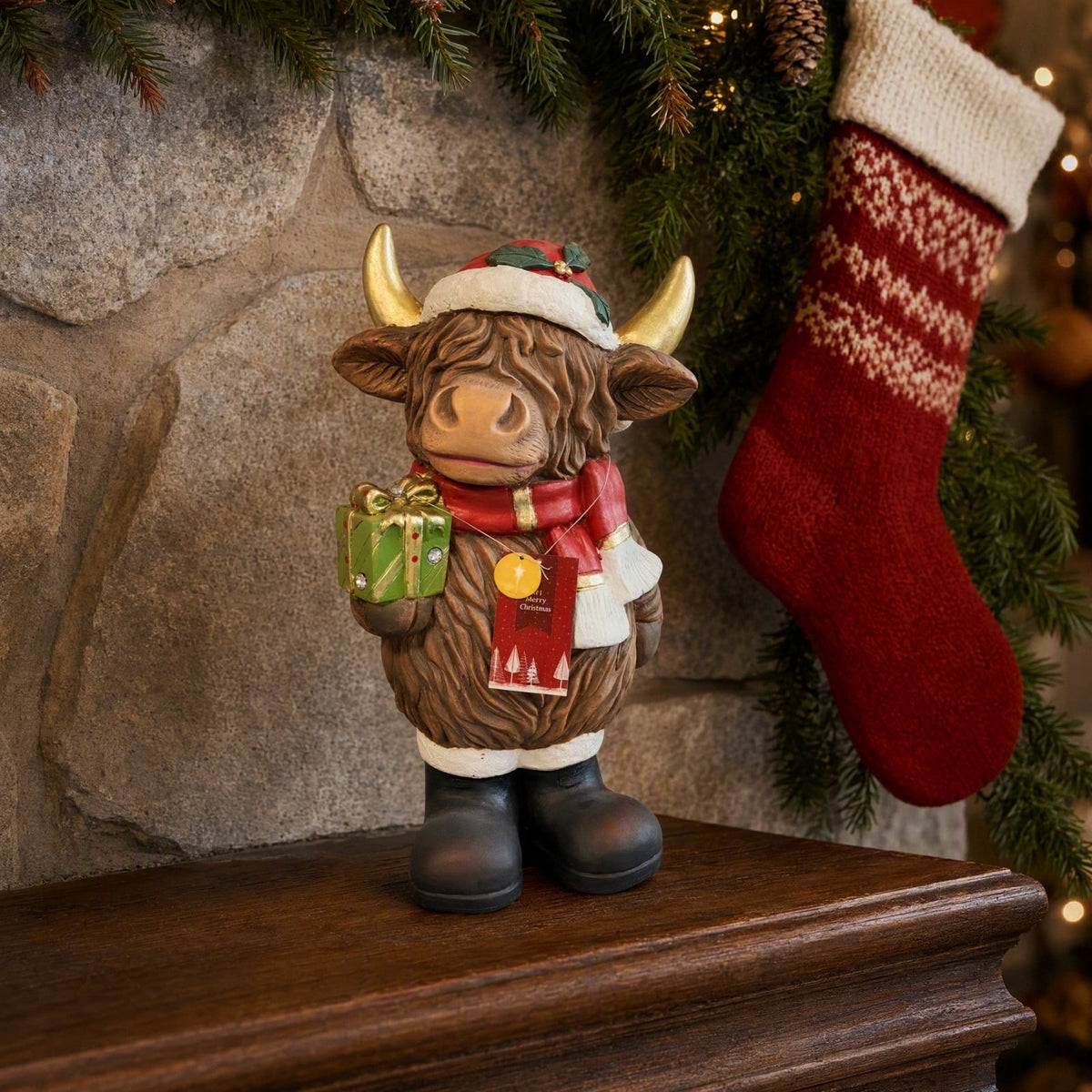Luckky Lighted Christmas Dog Resin Statue, Santa Hat and Scarf Dog Figurine, 7.87 Inch, Multi-Color LED Lights, Indoor Outdoor Holiday Decor