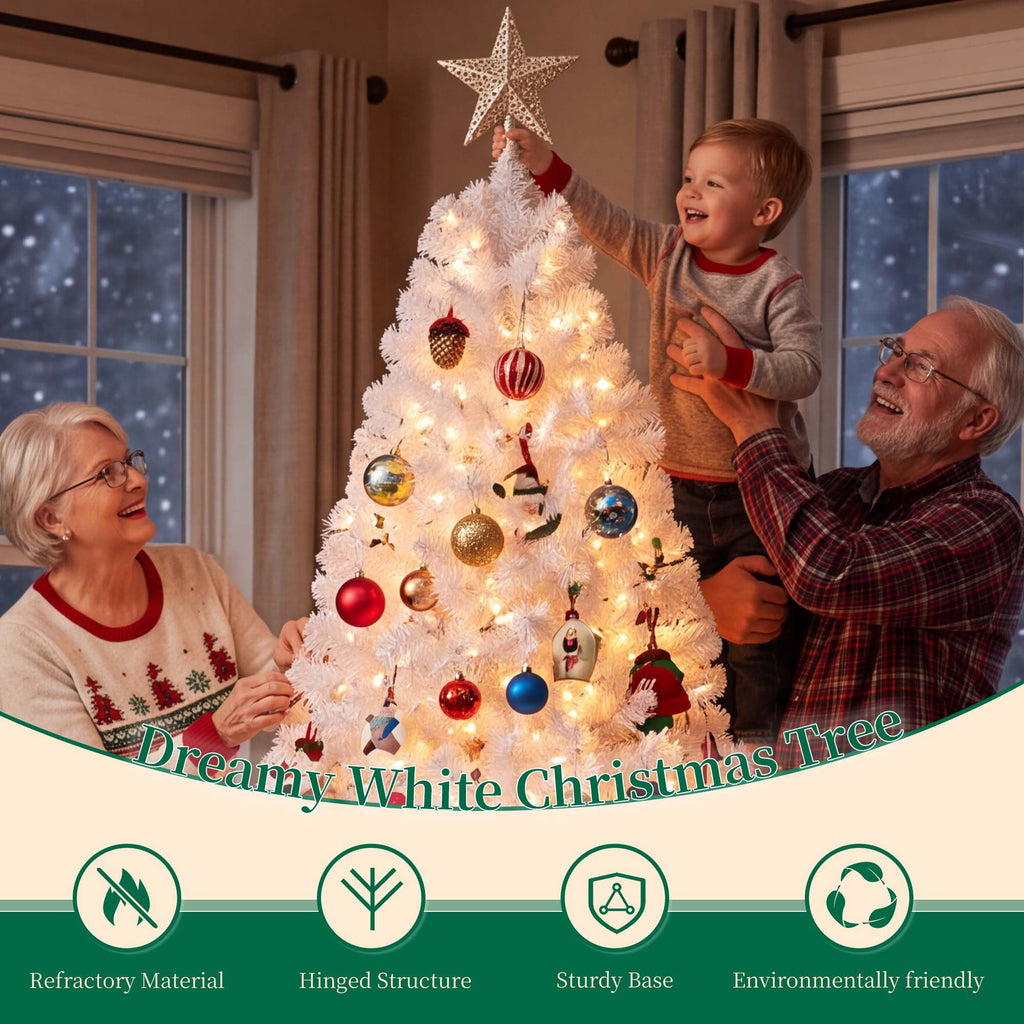 Yexmas Pre-Lit Artificial Christmas Tree,6ft White Christmas Tree with 300 Warm White & Multicolor Lights,Xmas Tree for Home, Holiday Party Decorations