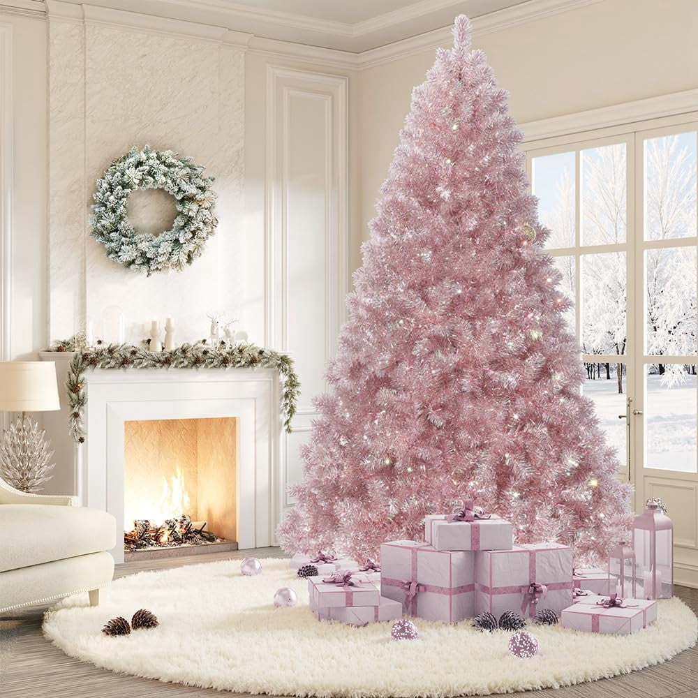 6ft Prelit Snow Flocked Pencil Christmas Tree with 250 Warm White Lights & Foldable Base - Rose Gold Tinsel Holiday Decoration for Home & Office