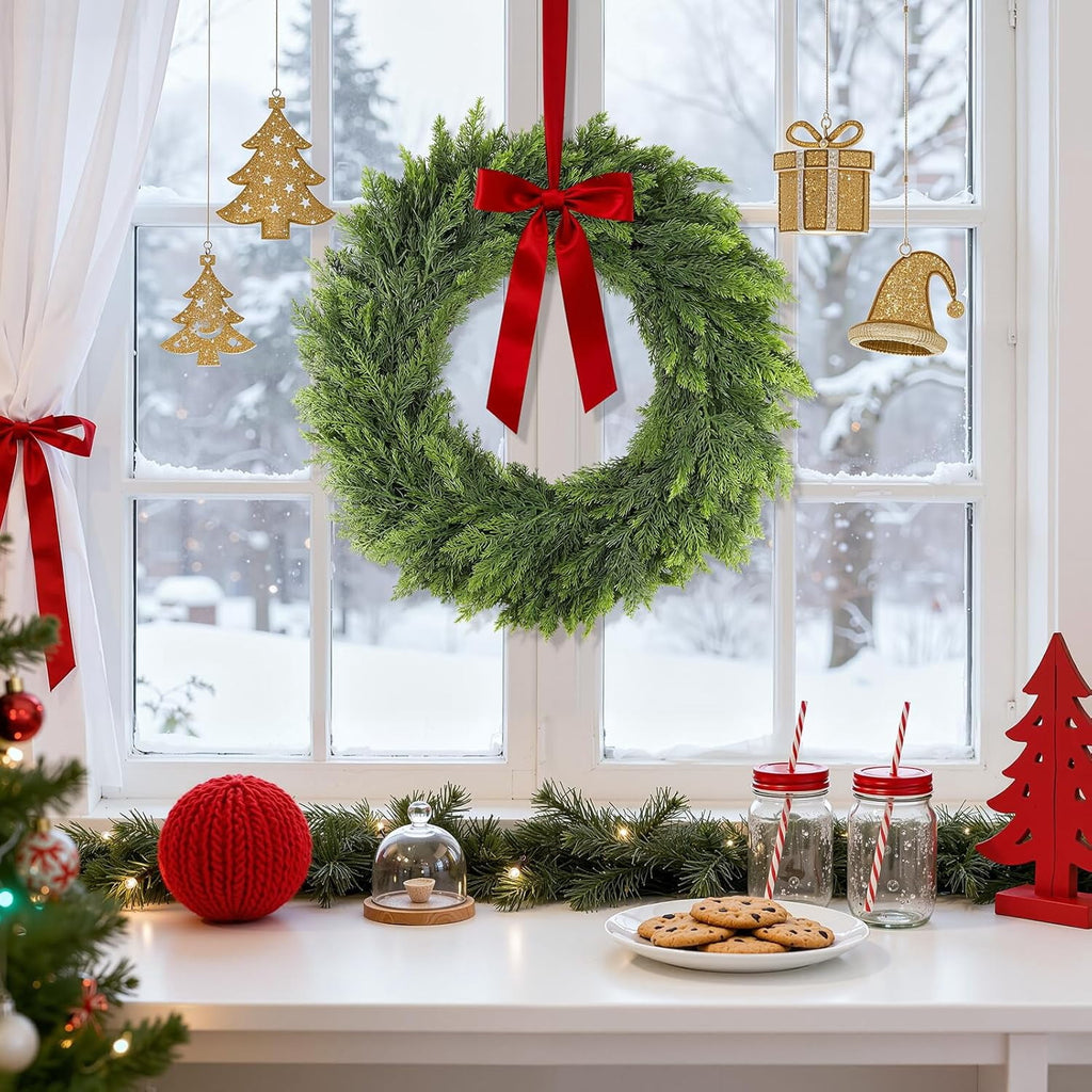 24 Inch Christmas Pine Cypress Wreath - Christmas Wreaths for Front Door, Real Touch Artificial Green Faux Xmas Wreaths for Home Indoor Outdoor Decor