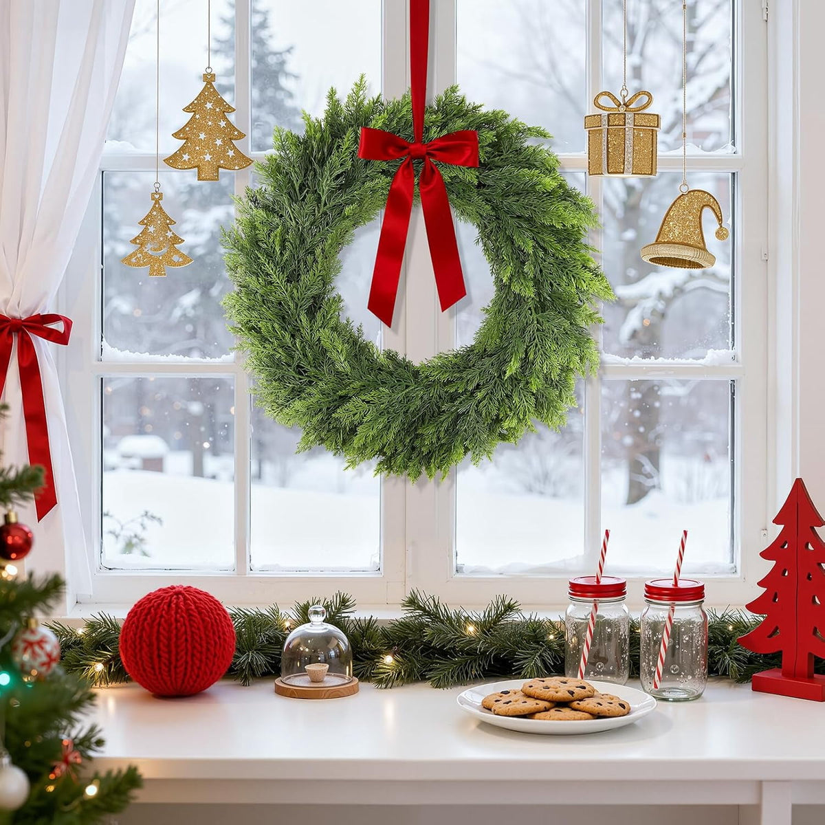 24 Inch Christmas Pine Cypress Wreath - Christmas Wreaths for Front Door, Real Touch Artificial Green Faux Xmas Wreaths for Home Indoor Outdoor Decor
