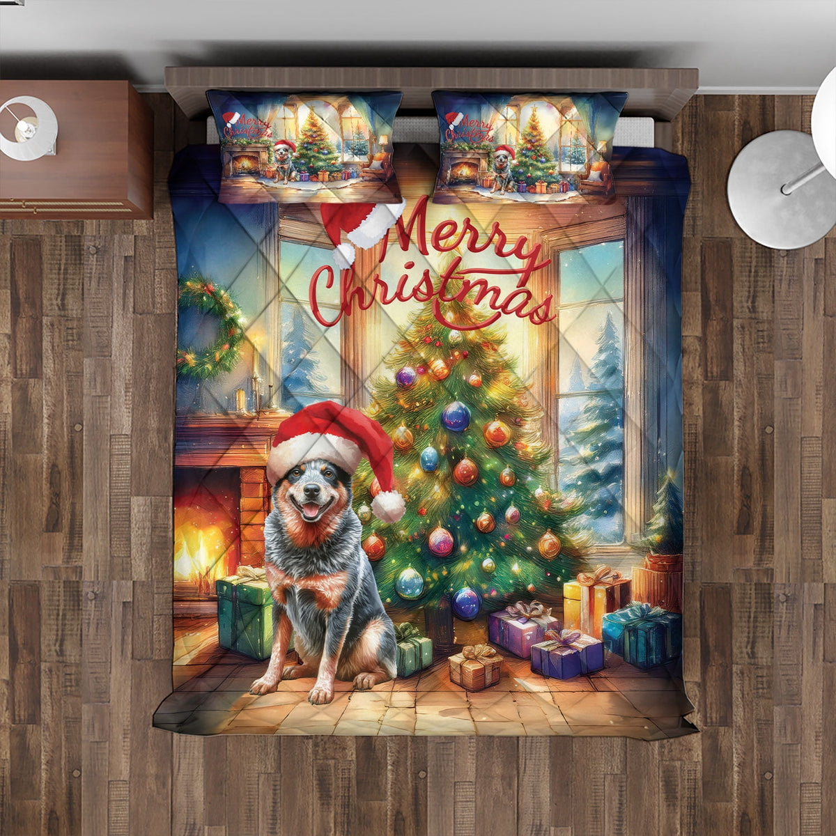 Merry Christmas French Bulldog Santa Hat Xmas Tree Winter Holiday Quilt Bedding Set Dog Lover Gifts 1 Blanket Bed Cover 2 Pillowcases - 01013