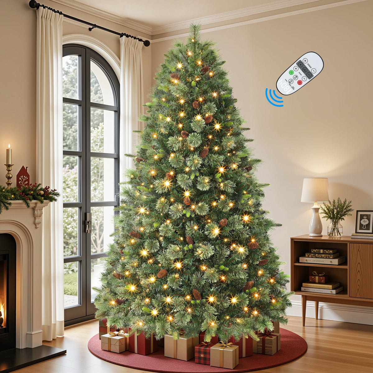 Lolsea 5.5ft Prelit PE Pine Artificial Christmas Tree with Lifelike Needles & Pine Cones, Remote Control, Warm White & Multi‑Color LED Lights