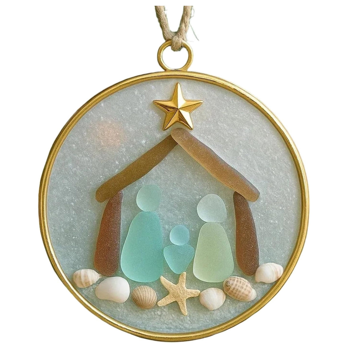 DAMAI Sea Glass Nativity Christmas Ornament,Hanging Sea Glass Nativity Christmas Tree Decoration,Coastal Inspired Sea Glass Nativity Ornament,Handmade Nativity Scene, with Shells and Starfish
