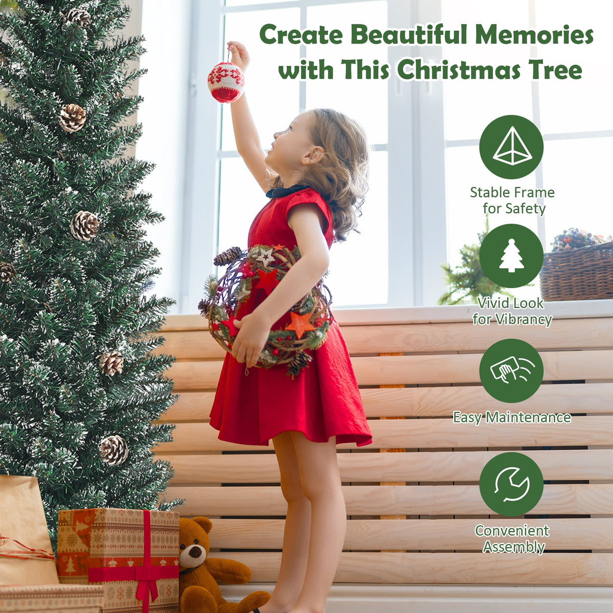 Topbuy 5FT Slim Pencil Tree Snowy Artificial Christmas Tree with 214 PVC Branch Tips & 25 Pine Cones Full Holiday Decoration Tree for Xmas