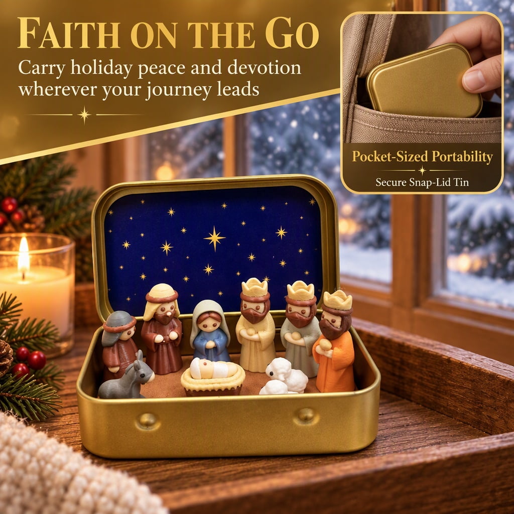 Mini Christmas Nativity Set in a Tin Box – Pocket Size Religious Scene with Handcrafted Resin Figures, Portable Display Case for Desk & Shelf