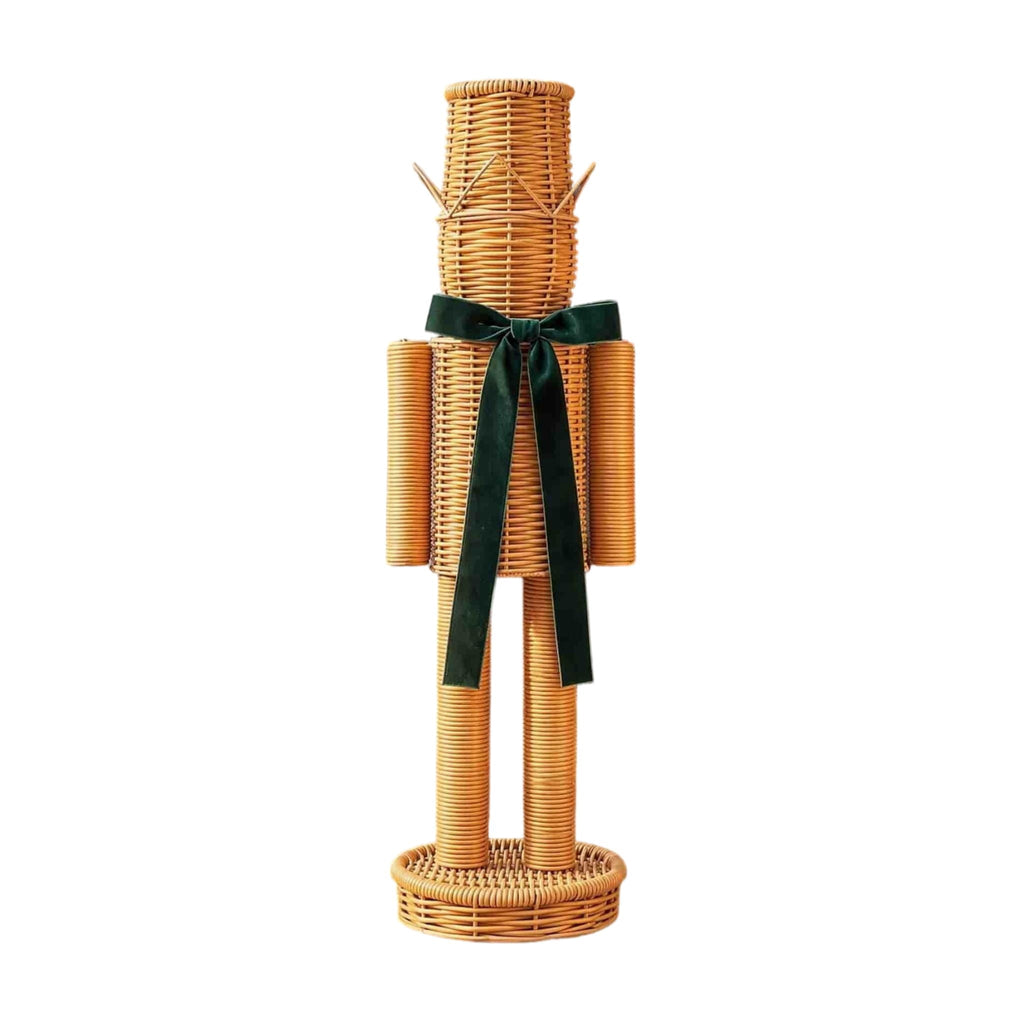 15.74 Inch Rattan Nutcracker Christmas Decor, Woven Look Resin Nutcracker Figurine With Green Velvet Bow, Freestanding Christmas Soldier Decoration For Mantel Shelf Entryway