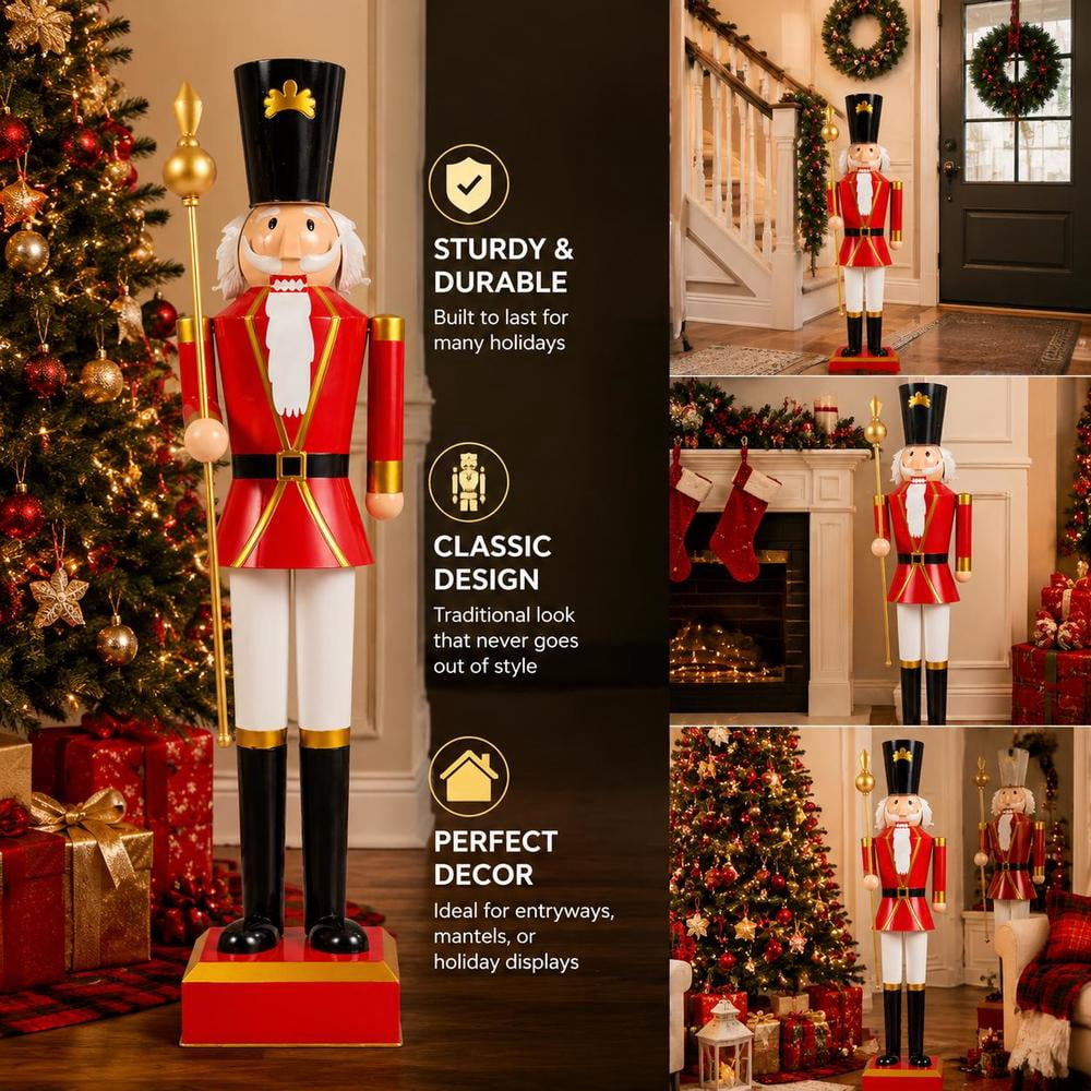 4 Ft Christmas Nutcracker with High Hat, Scepter, Metal Frame, Sturdy Base, and Hidden Storage - Black and Red