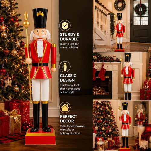 4 Ft Christmas Nutcracker with High Hat, Scepter, Metal Frame, Sturdy Base, and Hidden Storage - Black and Red