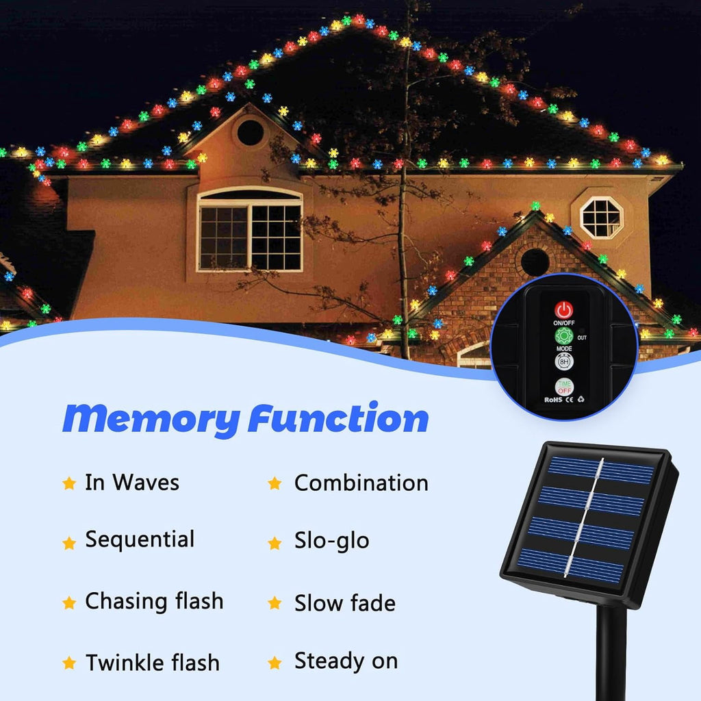 Fohil Solar Christmas Snowflake String Lights Outdoor Waterproof 100 LED Multicolor 8 Mode 39 ft for Christmas Tree Garden Fence Yard Decoration