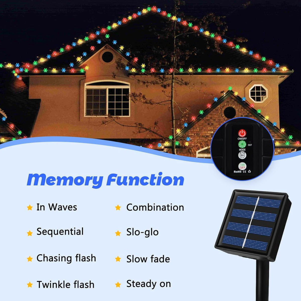 Fohil Solar Christmas Snowflake String Lights Outdoor Waterproof 100 LED Multicolor 8 Mode 39 ft for Christmas Tree Garden Fence Yard Decoration
