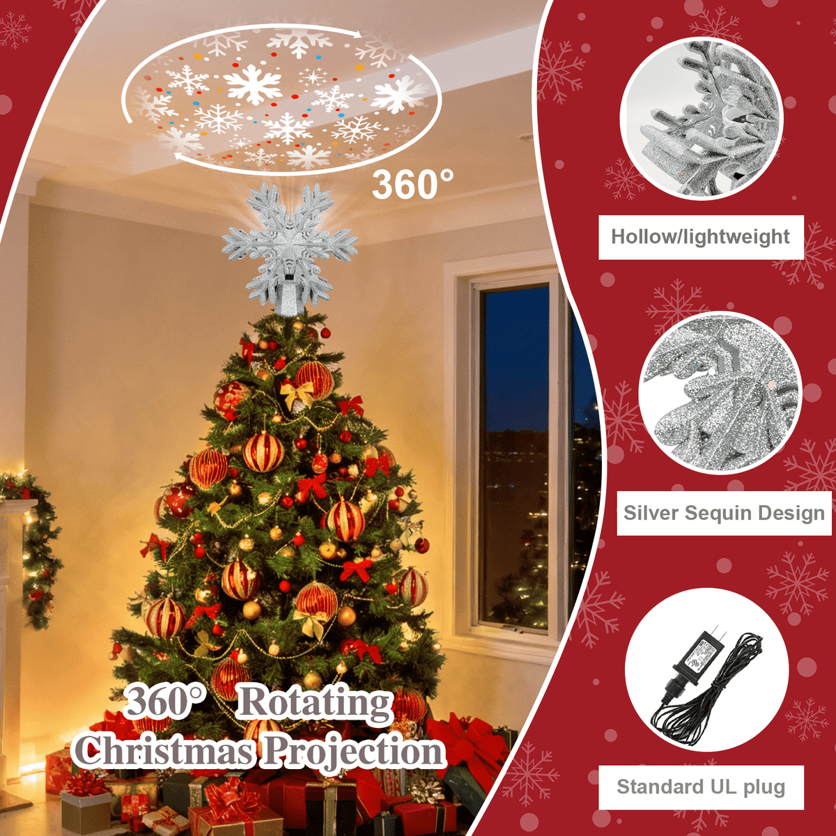 Christmas Tree Topper Lighted with Snowflake Projector, LED Rotating Magic Snowflake, 3D Hollow Glitter Lighted Snow Tree Toppers for Christmas Party Holiday Indoor Decor, Sliver