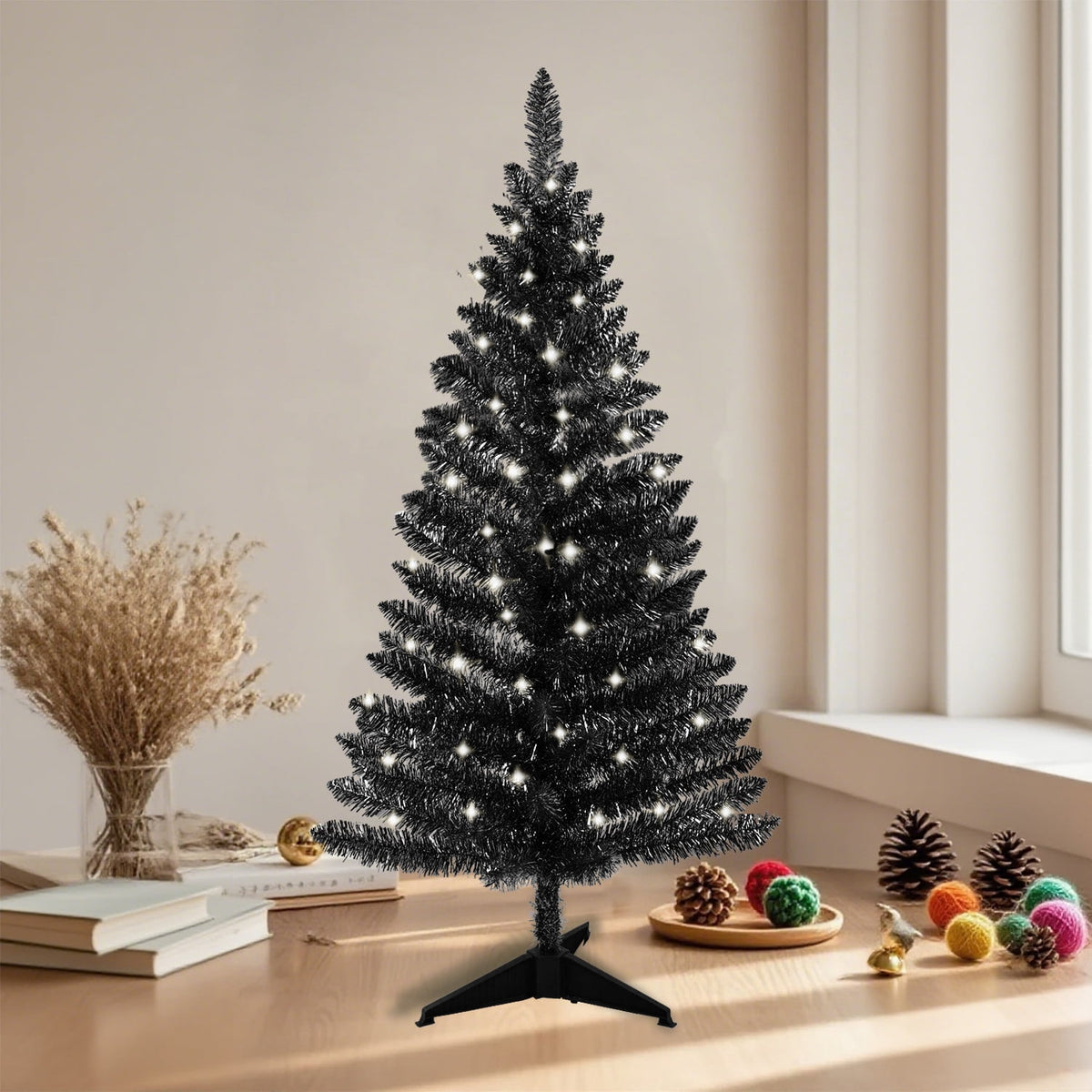 Bringstar 4FT Silver Artificial Christmas Tree with 50 String Lights, Mini Tinsel Tree, Not Pre-Lit, for Halloween & Holiday Home & Office Décor