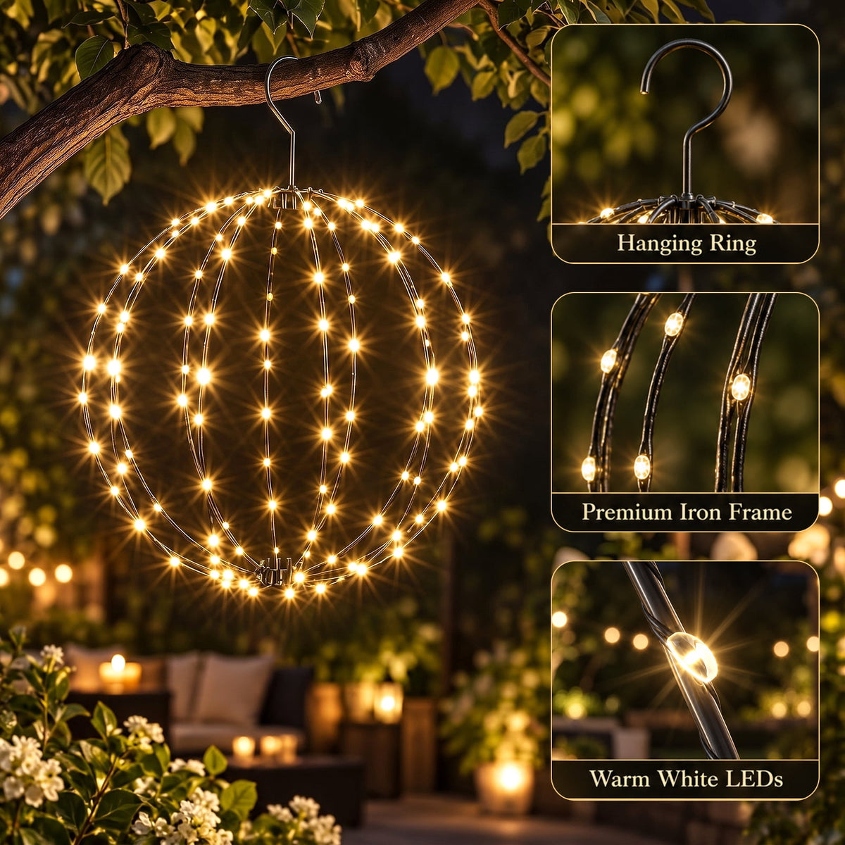 ABORON Christmas Decoration Ball Lights, Pre-Lit Hanging Foldable Xmas Light Ball with 8 Lighting Modes for Outdoor Holiday Lights Decor -16.5" 3 Pk