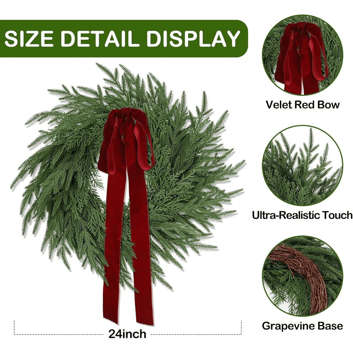 2 Pack Artificial Christmas Wreaths for Front Door, 24" Norfolk Pine & Cedar Greenery Wreath with Red Bows, Real Touch Holiday Wreaths for Indoor Outdoor Christmas Decorations, Seasonal Decor