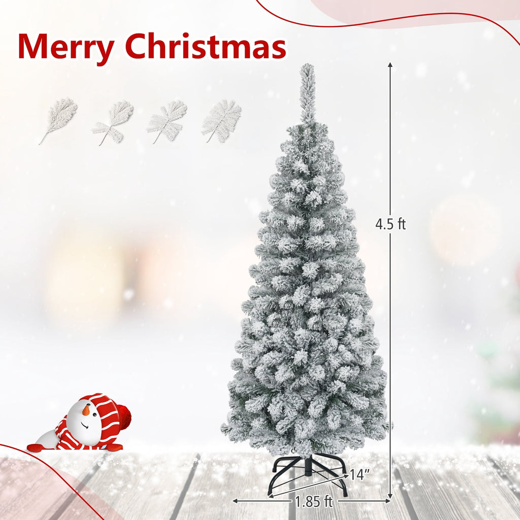Costway 4.5 FT Unlit Flocked Pencil Christmas Tree Hinged with 242 Branch Tips