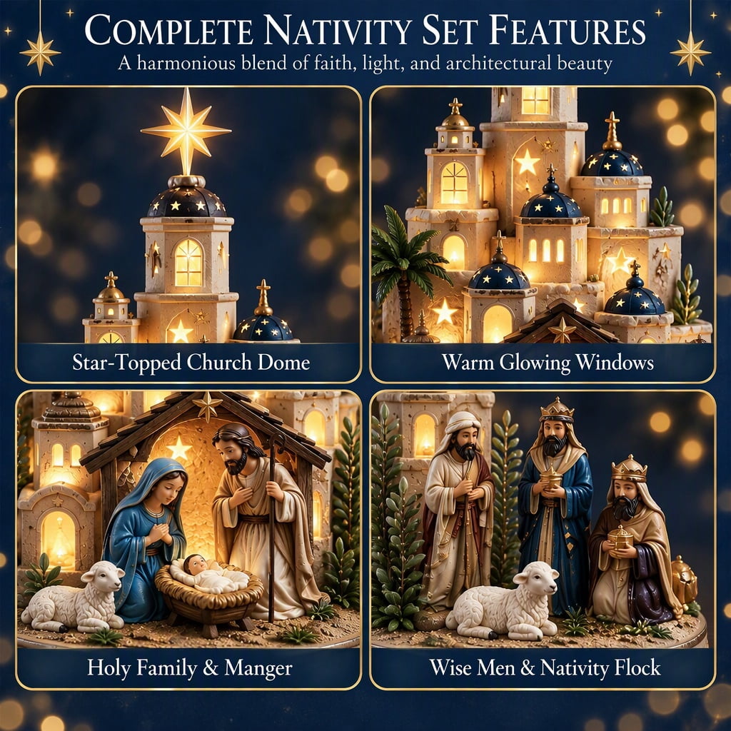 Bethlehem Star of Faith Lighted Nativity Tabletop Decor, Nativity Set, Nativity Sets and Figures, Lighted Church Tower, Warm LED