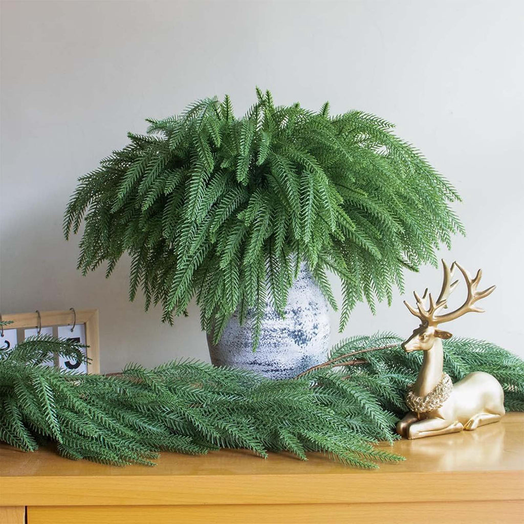 USPEED 18 Inch Real Touch Artificial Norfolk Pine Branches, Faux Cedar Pine Stem Fake Greenery Pine Picks for Vase DIY Garland Wreath Home Decoration - 6Pcs
