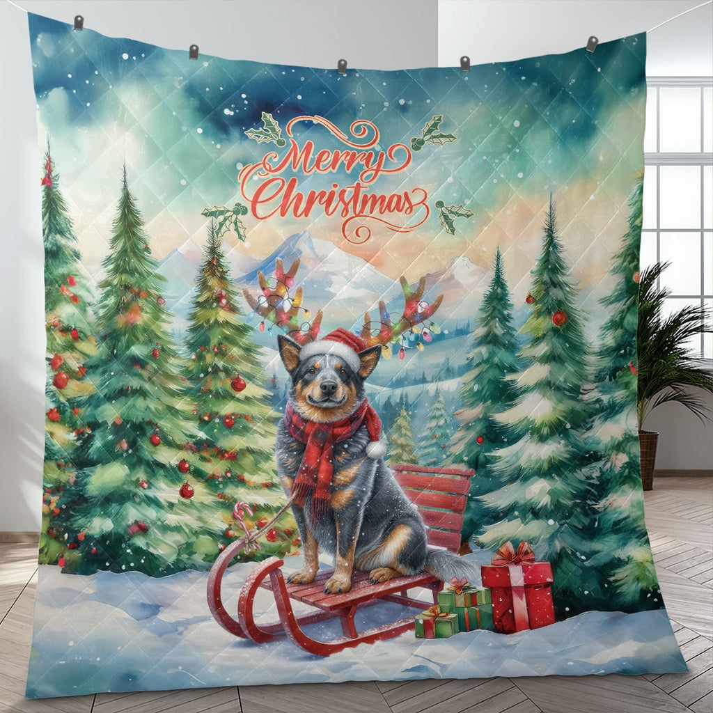 Merry Christmas Santa Reindeer Antlers French Bulldog Sleigh Xmas Winter Holiday Quilt Bedding Set Dog Lover Gifts 1 Blanket Bed Cover 2 Pillowcases - 00023