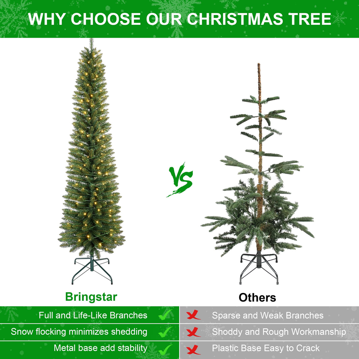 Bringstar 6FT Pre-Lit Pencil Christmas Tree,Green Artificial Xmas Trees, 150 LED Warm White Lights