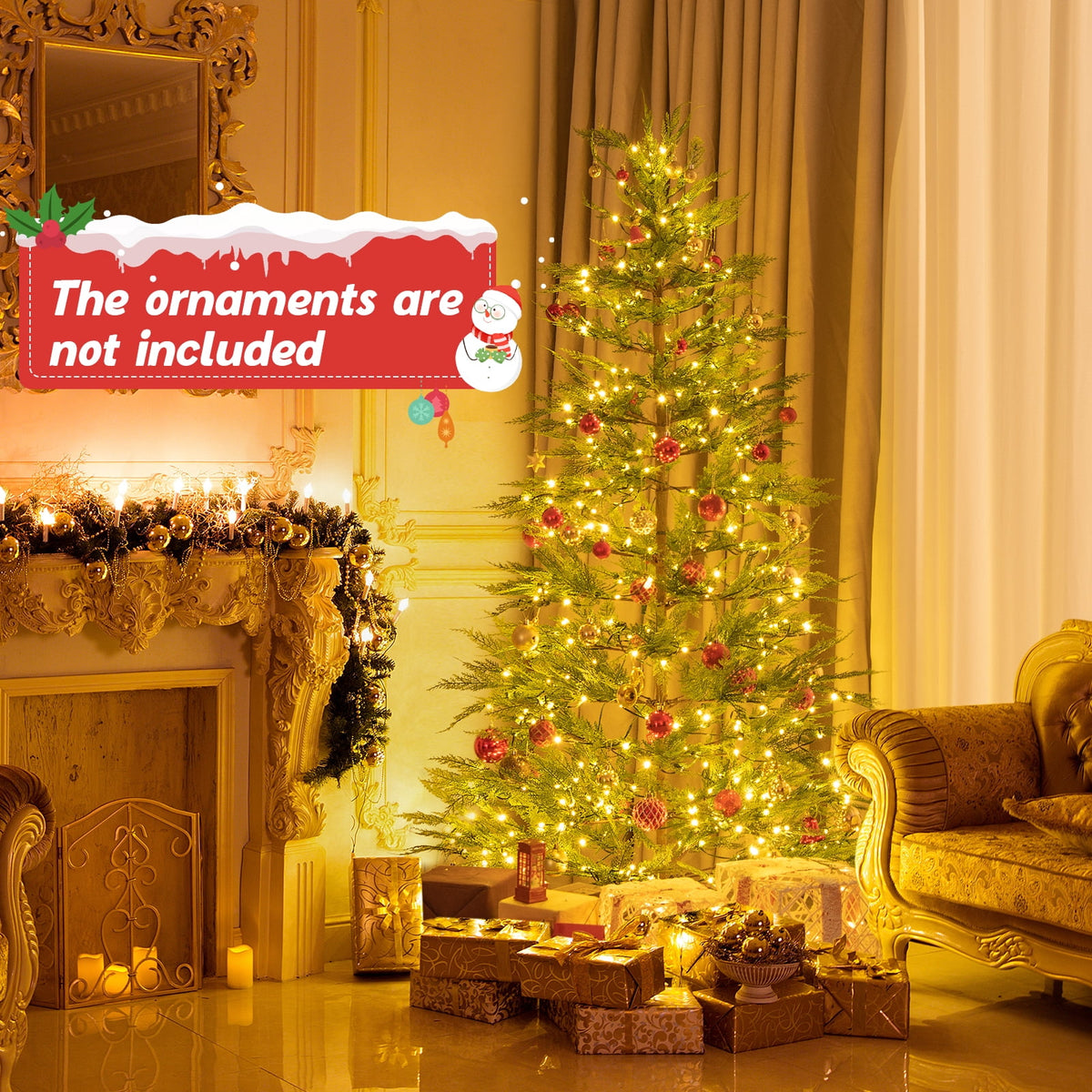Topbuy 6.5 FT Artificial Cypress Christmas Tree Pre-lit Hinged Xmas Tree with 430 Warm White LED Lights 470 Highly Simulated Branch Tips