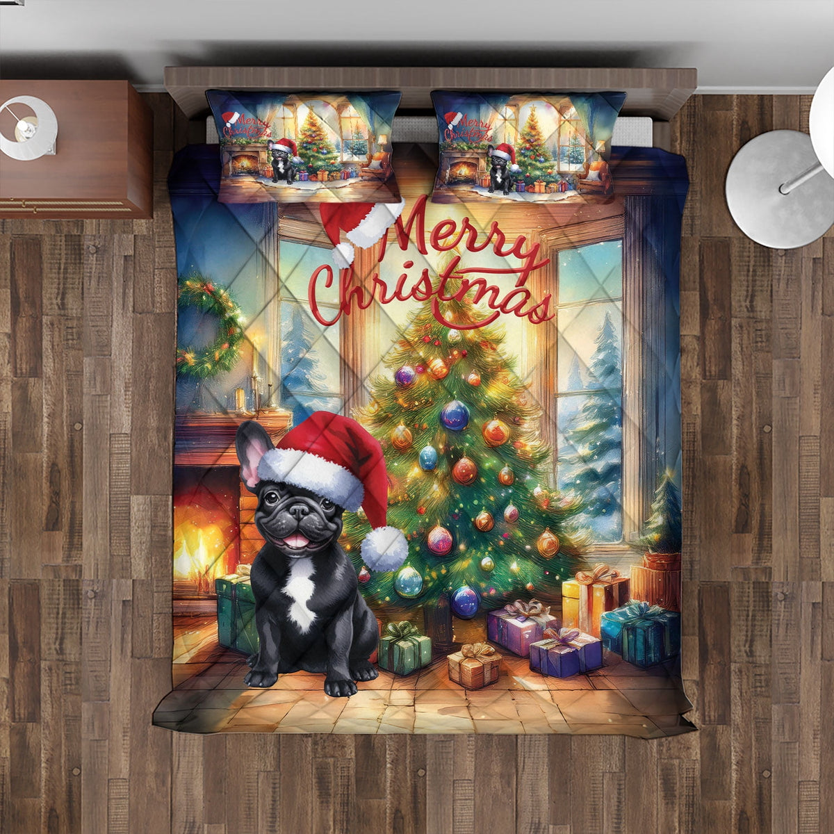 Merry Christmas French Bulldog Santa Hat Xmas Tree Winter Holiday Quilt Bedding Set Dog Lover Gifts 1 Blanket Bed Cover 2 Pillowcases - 01013