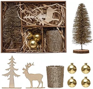 Candle Garden Kit with Bottle Brush Tree, Tealight, Glass Ornaments and Wood Figures, Boxed Set of 8