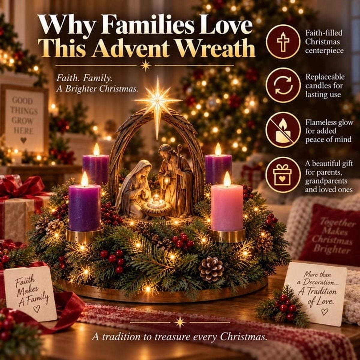Lighted Nativity Advent Wreath,4-Week Christmas Journey with Warm Flameless Glow,Festive Faith-Centered Decor for Family Traditions