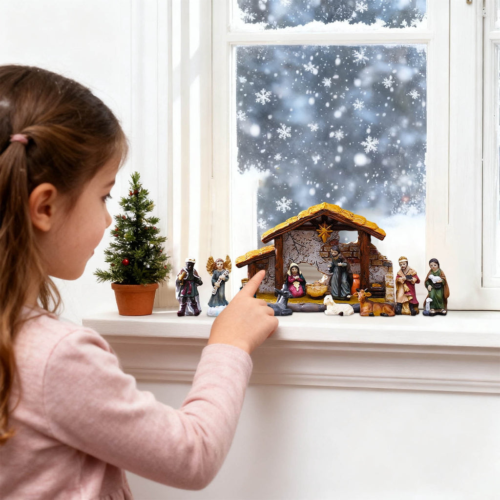 Nativity Set Christmas Indoor 16 Piece 2.36 inch Scene Statue Figurines Jesus Manger Crib Ornament Church Xmas Gift Home Decoration
