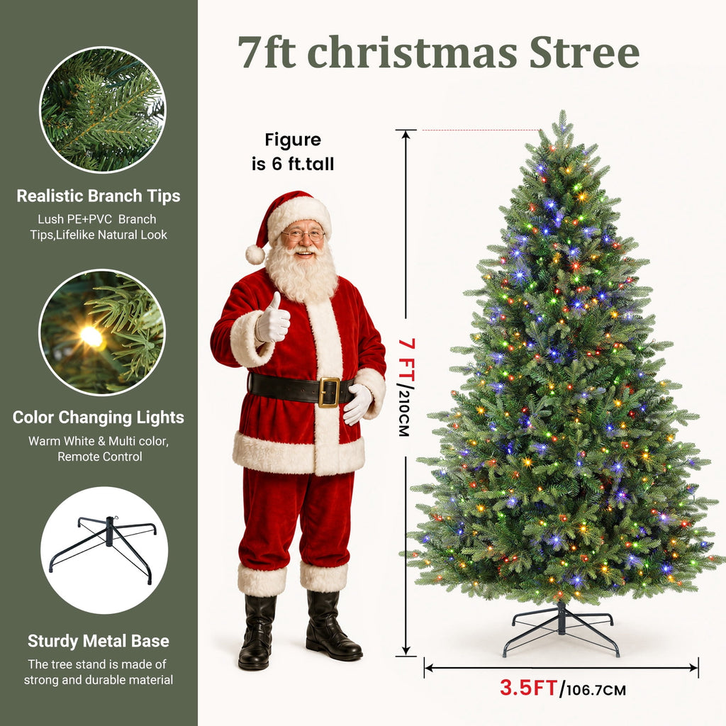 Lolsea 7ft Prelit PE Noble Fir Artificial Christmas Tree with Remote Control, Timer and Warm White & Multi-Color Lights