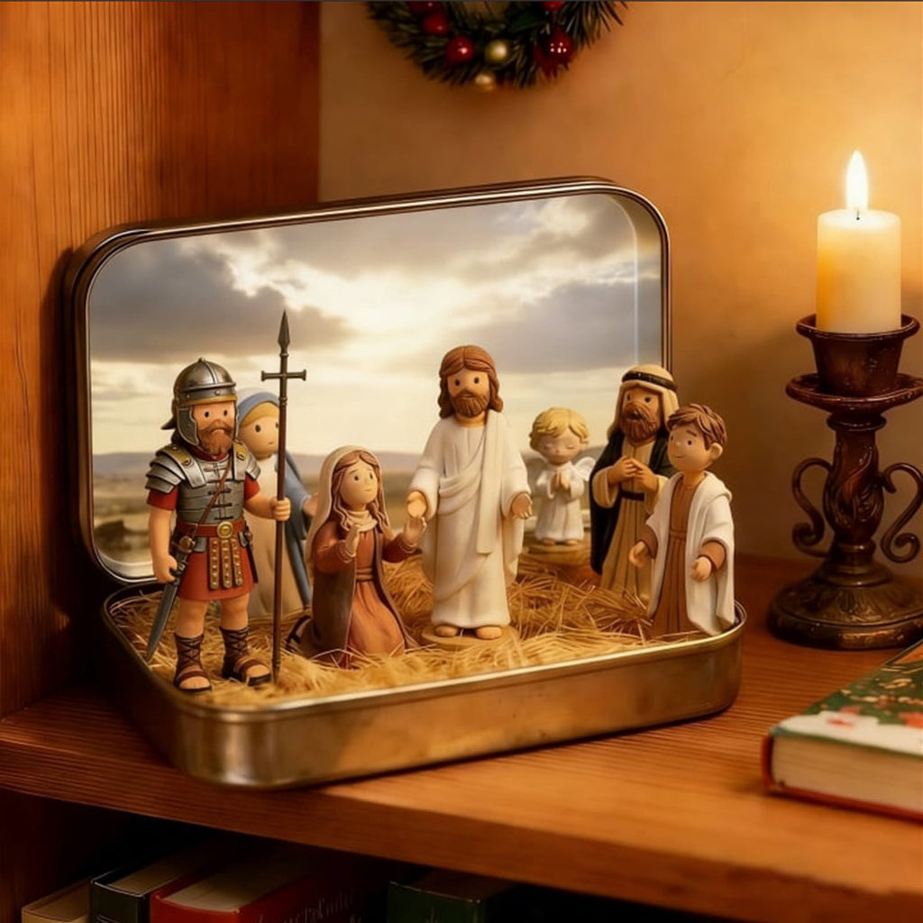 Daghihgewr Mini Christmas Nativity Set Tabletop Tin Box Multicolor Indoor Religious Ornament 1-Count 3.9 x 2.8 x 1.2 Inch