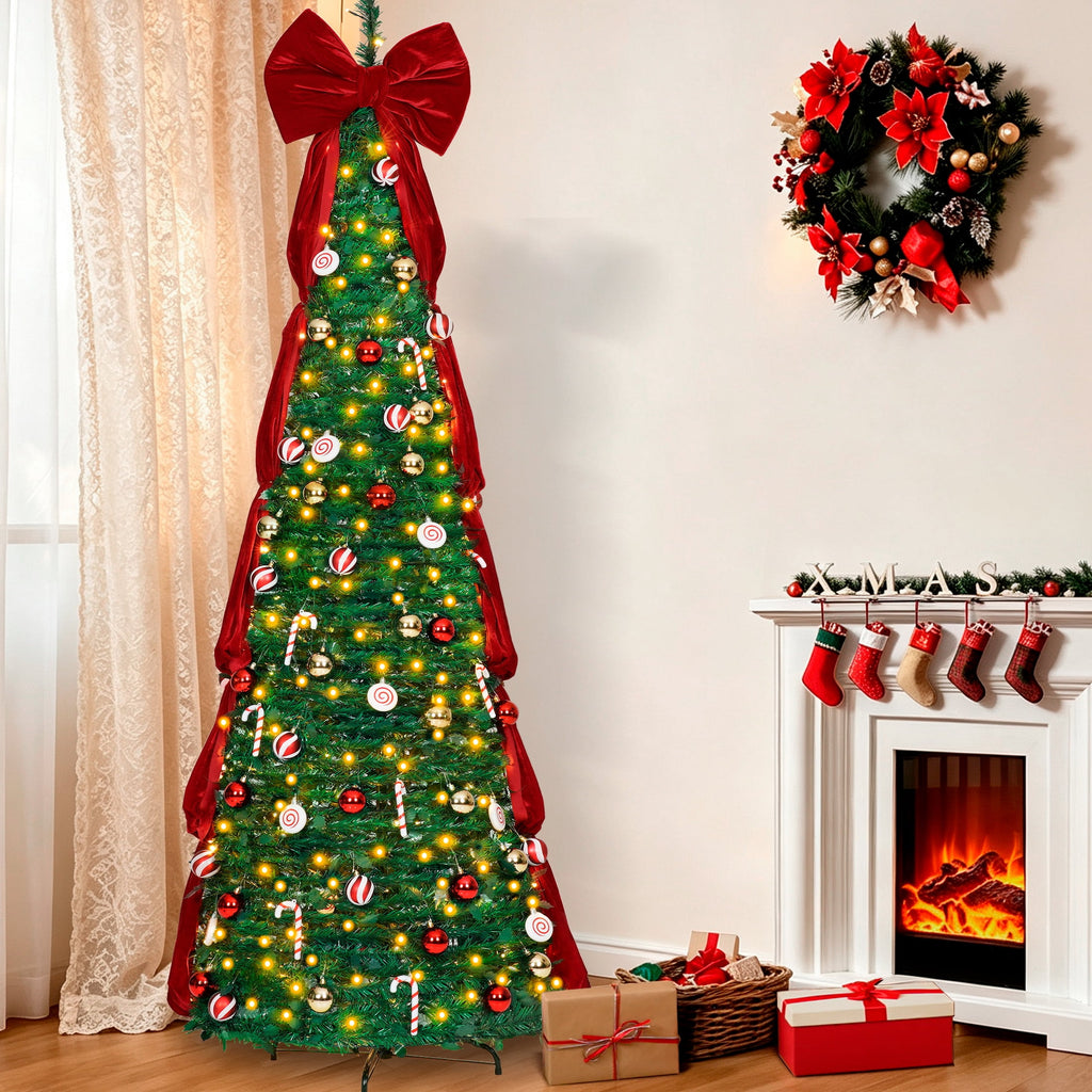 Firstness Christmas Tree 6FT, Pop up Pre Decorated Pre Lit Artificial Xmas Tree with 200 LED Lights, Large Bow & Ornaments, Lighted Christmas Tree with Storage Bag, Easy Installation