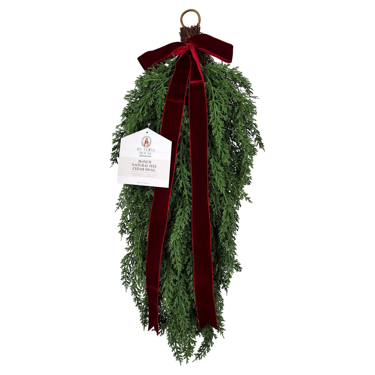 My Texas House Natural Feel Cedar Artificial Christmas Swag with Velvet Bow, Green and Red, 28"