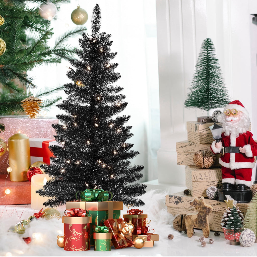Bringstar 4FT Silver Artificial Christmas Tree with 50 String Lights, Mini Tinsel Tree, Not Pre-Lit, for Halloween & Holiday Home & Office Décor