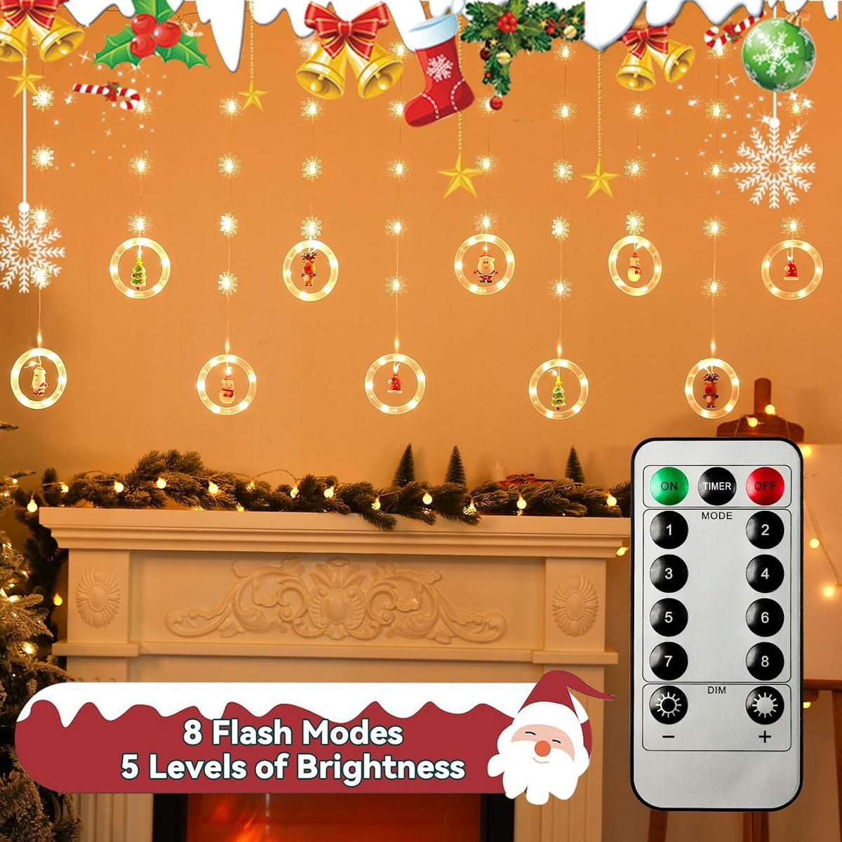 WILLED Christmas String Lights, 120 LED Window Curtain Lights with Christmas Ornaments, 9.8ft USB Powered Warm White Waterproof Fairy Lights Indoor Outdoor for Xmas Tree Patio Garden Party Home Decor