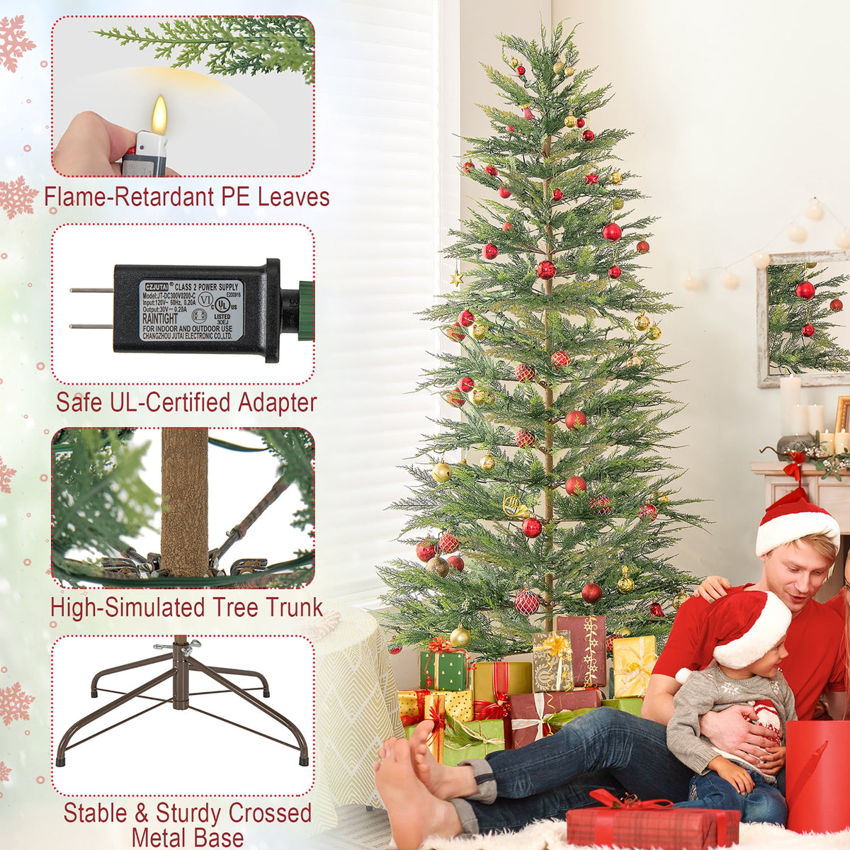 Gymax 7.5 FT Pre-Lit Artificial Christmas Tree Simulated Cypress Xmas Tree w/ Hinges