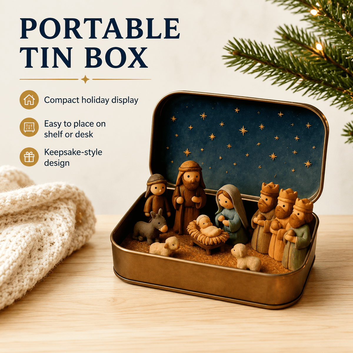 Christmas Nativity Scene in a Tin Mini Manger Scene Portable Tin Box Tabletop Decor for Mantel Shelf Fireplace Desk Holiday Decoration