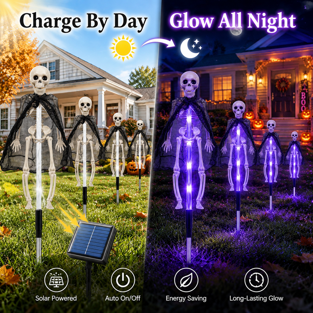 4 Pack Solar Halloween Skeleton Lights , 8 Modes Purple LED Skull Pathway Stakes, Outdoor Yard Decorations for Front Porch Lawn Garden, Waterproof Halloween Decor