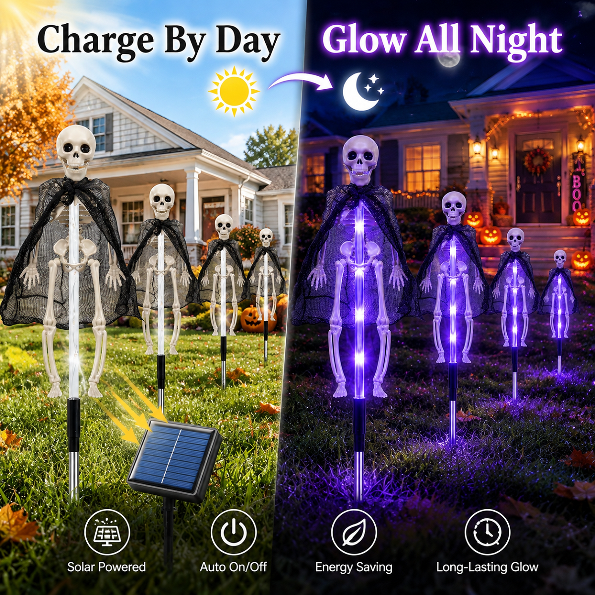 4 Pack Solar Halloween Skeleton Lights , 8 Modes Purple LED Skull Pathway Stakes, Outdoor Yard Decorations for Front Porch Lawn Garden, Waterproof Halloween Decor