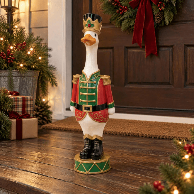 Christmas Faux Nutcracker Goose Resin Statue, Festive Soldier Figurine with Drum Base for Mantel, Porch, Christmas Decor