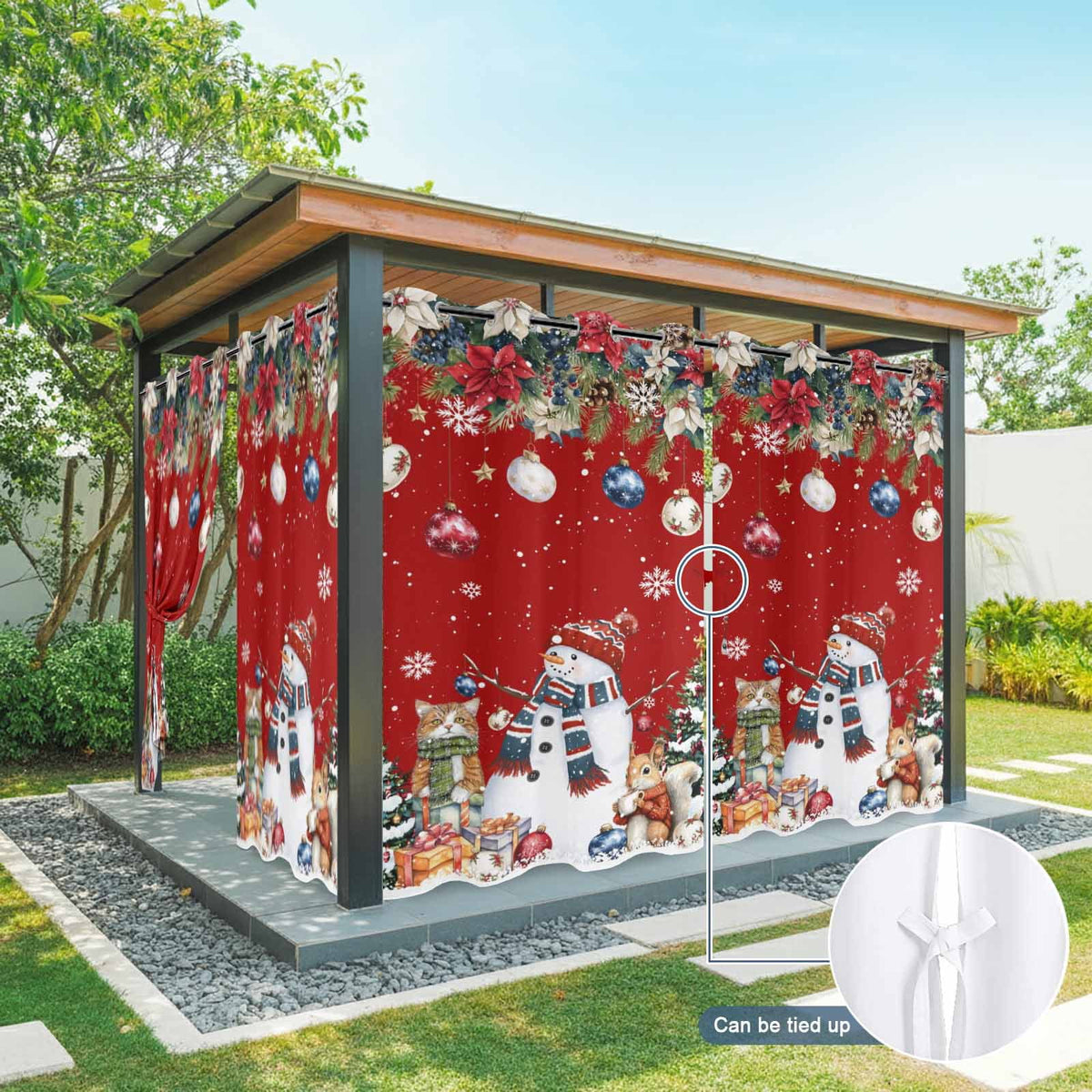2 Panels Outdoor Curtains for Patio Waterproof 54"x84" Red Christmas Weatherproof Privacy Outsides Curtains, Snowman Poinsettia Pine Tree Squirrel Cat Grommet Thermal Drapes for Cabana Porch Pergola