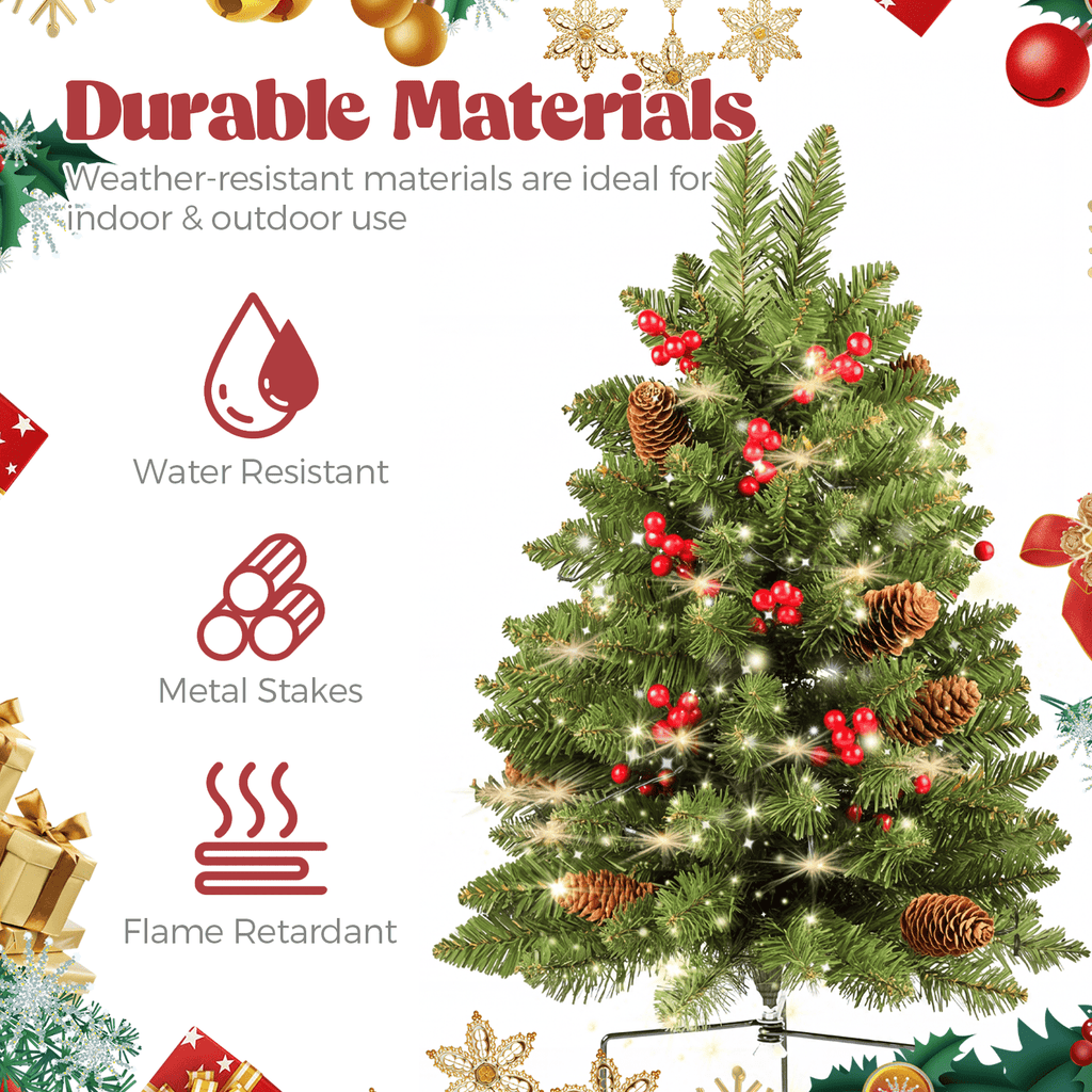 2 Pack 30 inch Prelit Outdoor Pathway Christmas Tree, Artificial Small Xmas Tree with Dual Color Berries & Balls, 30 Battery Operated Warm Lights for Holiday New Year Winter Patio Driveway Yard Lawn