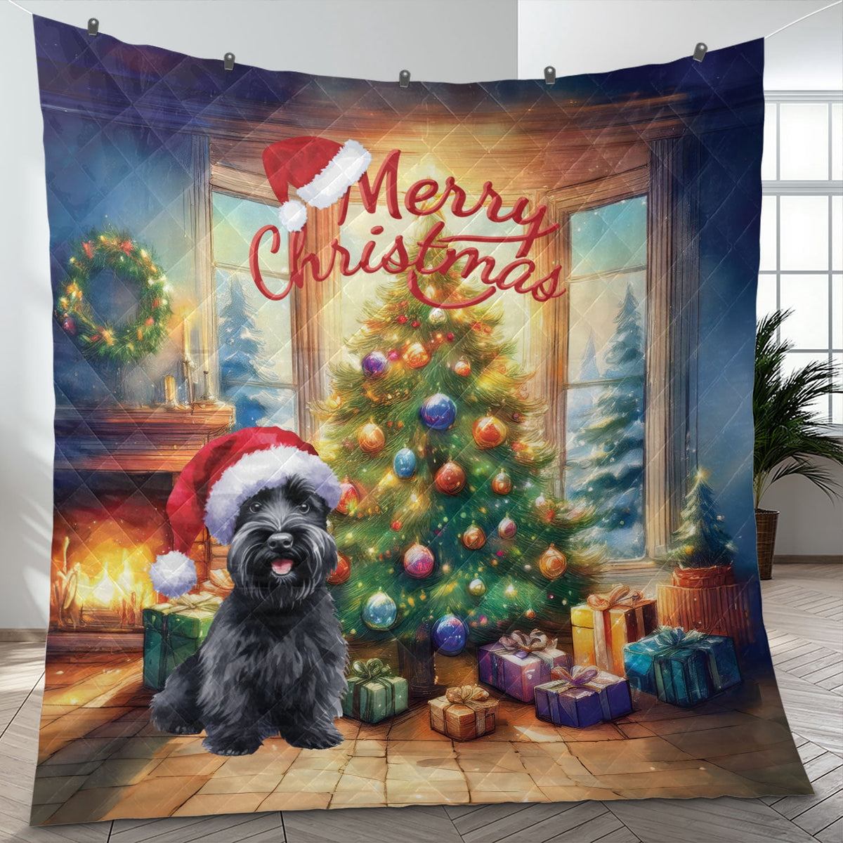Merry Christmas French Bulldog Santa Hat Xmas Tree Winter Holiday Quilt Bedding Set Dog Lover Gifts 1 Blanket Bed Cover 2 Pillowcases - 01013
