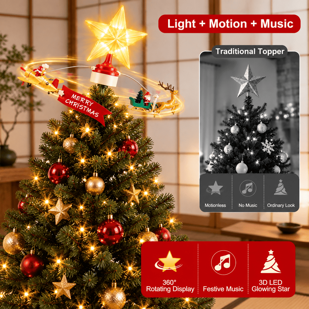 Animated Christmas Tree Topper with Lighted Star, Rotating Santa Sleigh, Airplane, Music, and Screw-Clamp Mount