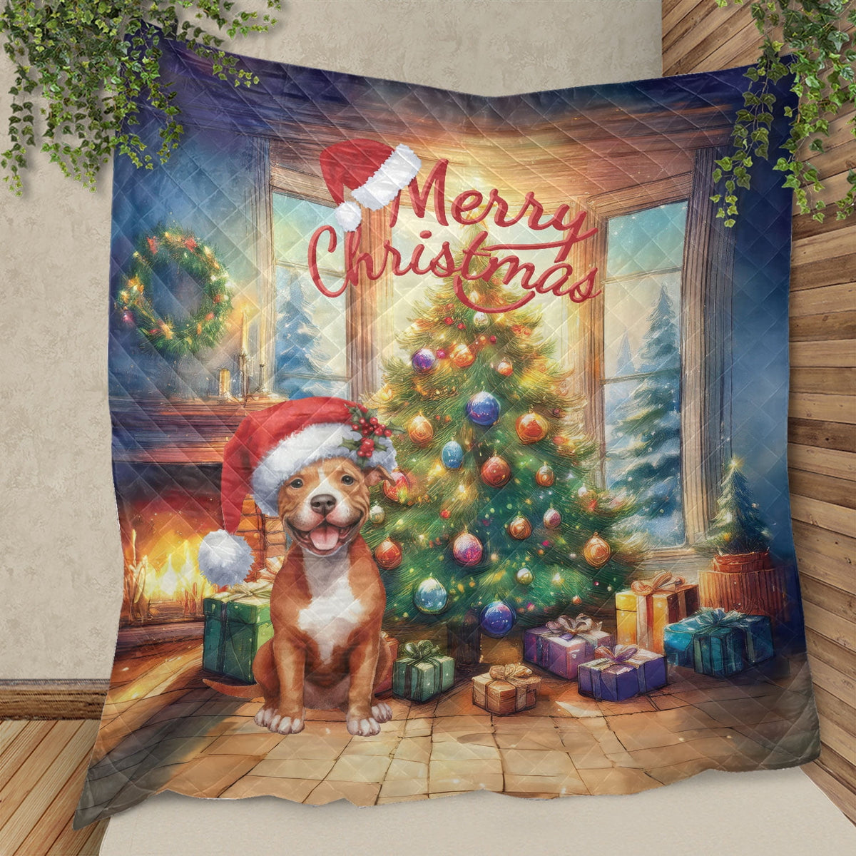 Merry Christmas French Bulldog Santa Hat Xmas Tree Winter Holiday Quilt Bedding Set Dog Lover Gifts 1 Blanket Bed Cover 2 Pillowcases - 01013