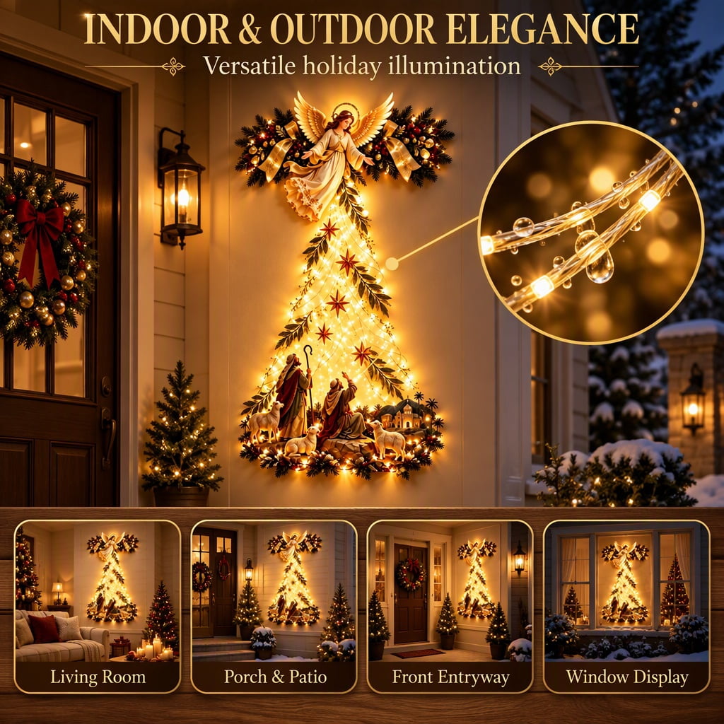 Bethlehem Star of Faith Lighted Nativity Wall Decor, Warm LED Christmas Hanging, Gold, Indoor Outdoor, Meaningful Holiday Gift C