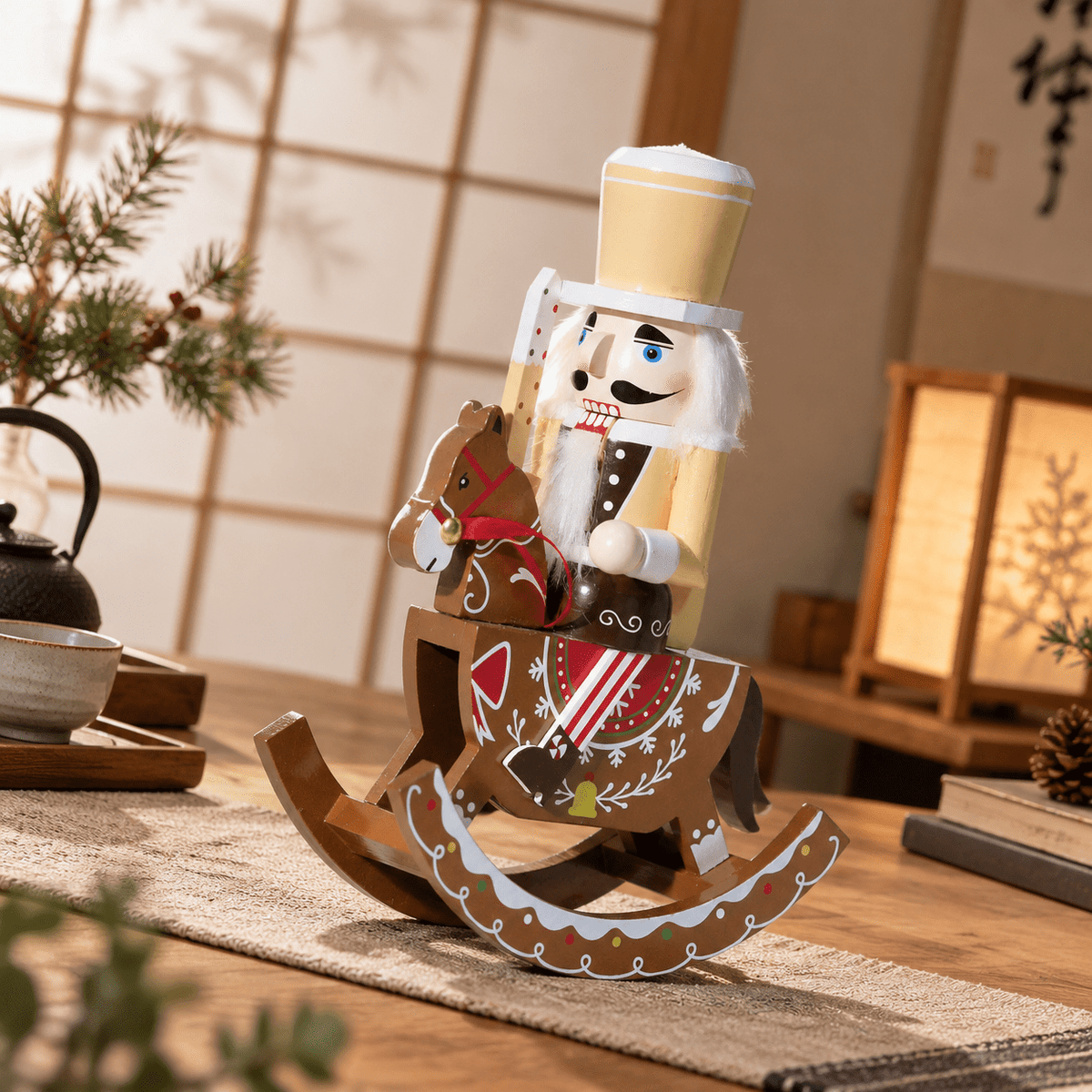 Gingerbread Wooden Nutcracker Rocking Horse Soldier Figurine Indoor Christmas Decor